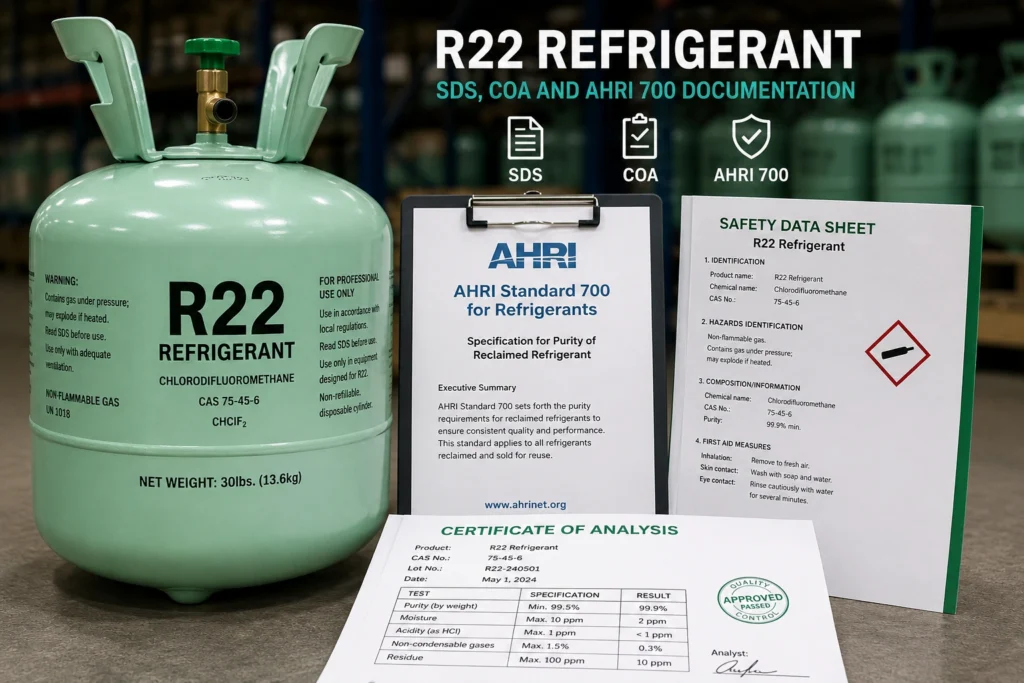 R22 refrigerant SDS COA and AHRI 700 documentation