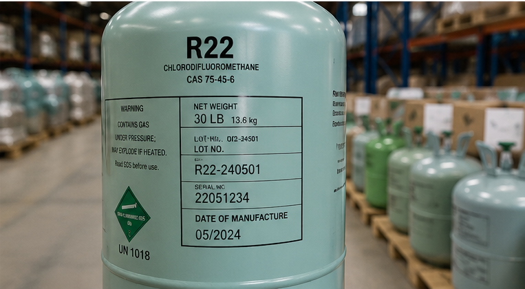 R22 refrigerant cylinder label and product documentation inspection