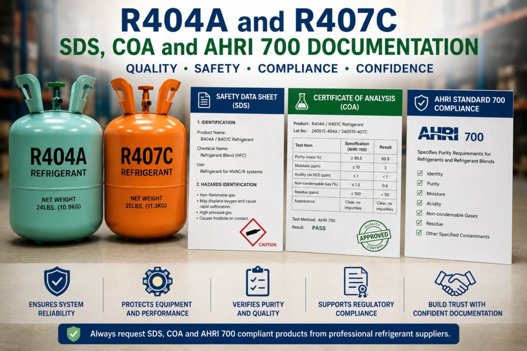 R404A and R407C SDS COA and AHRI 700 documentation