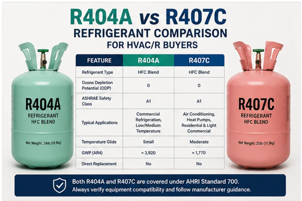 R404A vs R407C refrigerant comparison for HVAC/R buyers