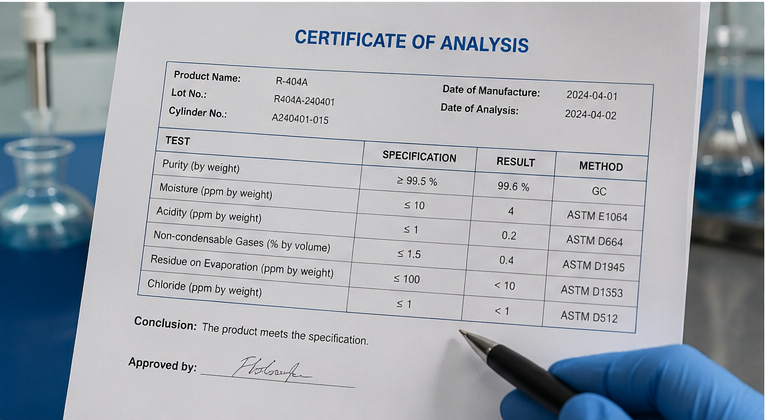 Refrigerant COA showing purity and quality test results